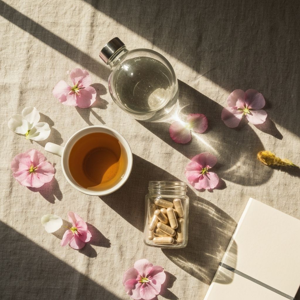 Morning wellness routine flat lay with tea and natural elements
